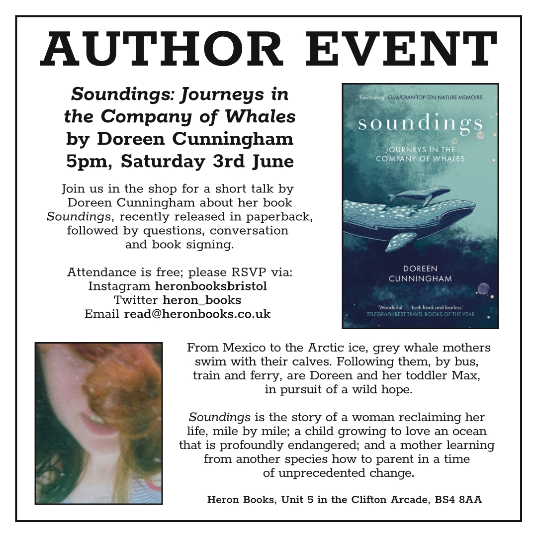 Poster for talk by Doreen Cunningham, author of memoir Soundings: Journeys in the Company of Whales, on Saturday 3rd June at 5pm.