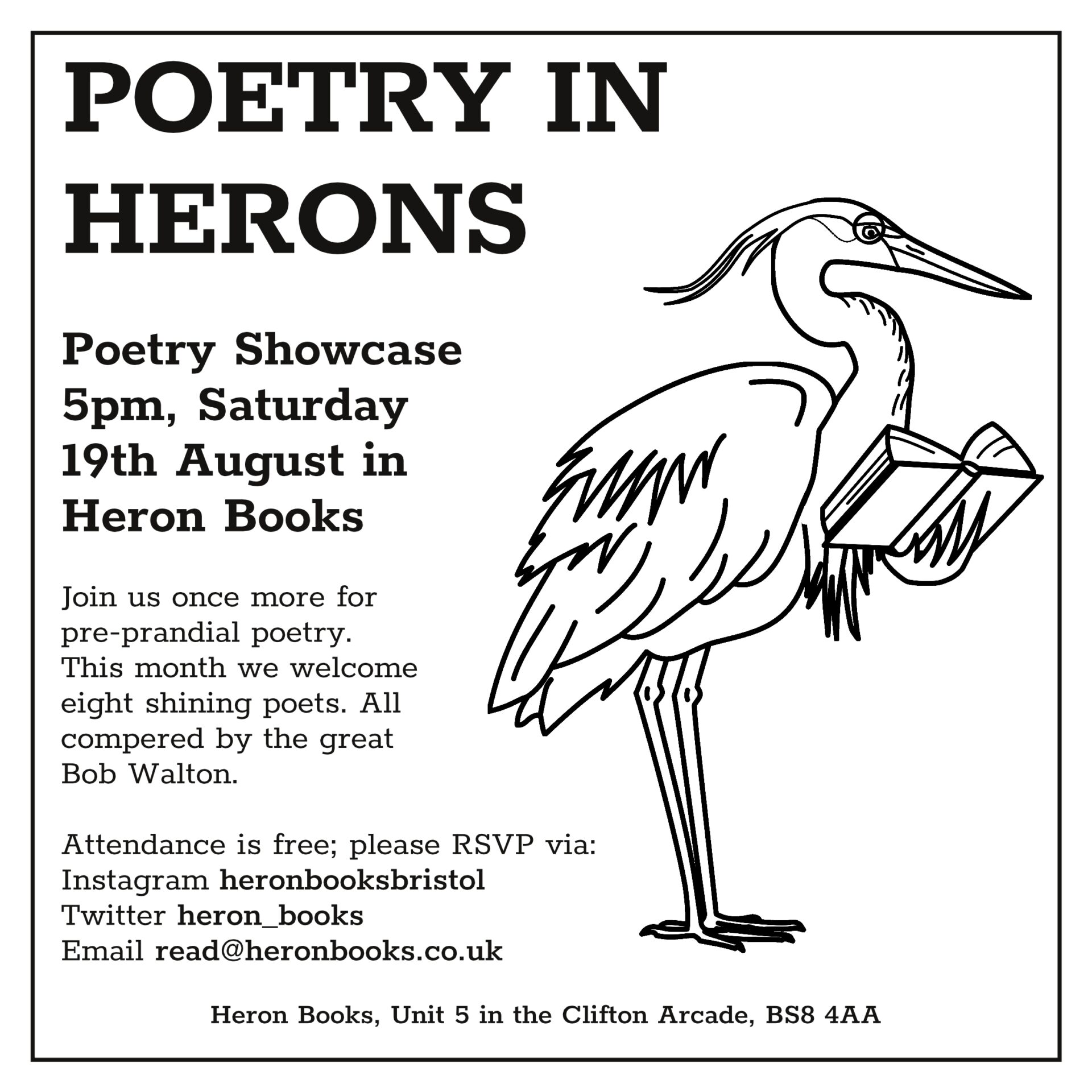 Poster for Heron Books poetry event, 19th August 5pm